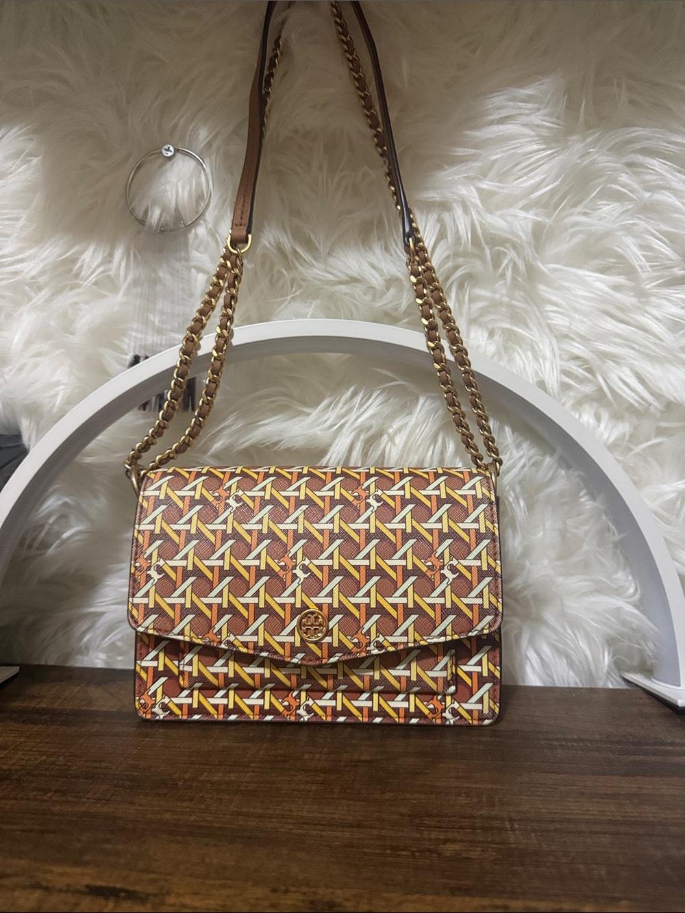 Tory Burch Geometric Print Chain Crossbody in Brown and Yellow